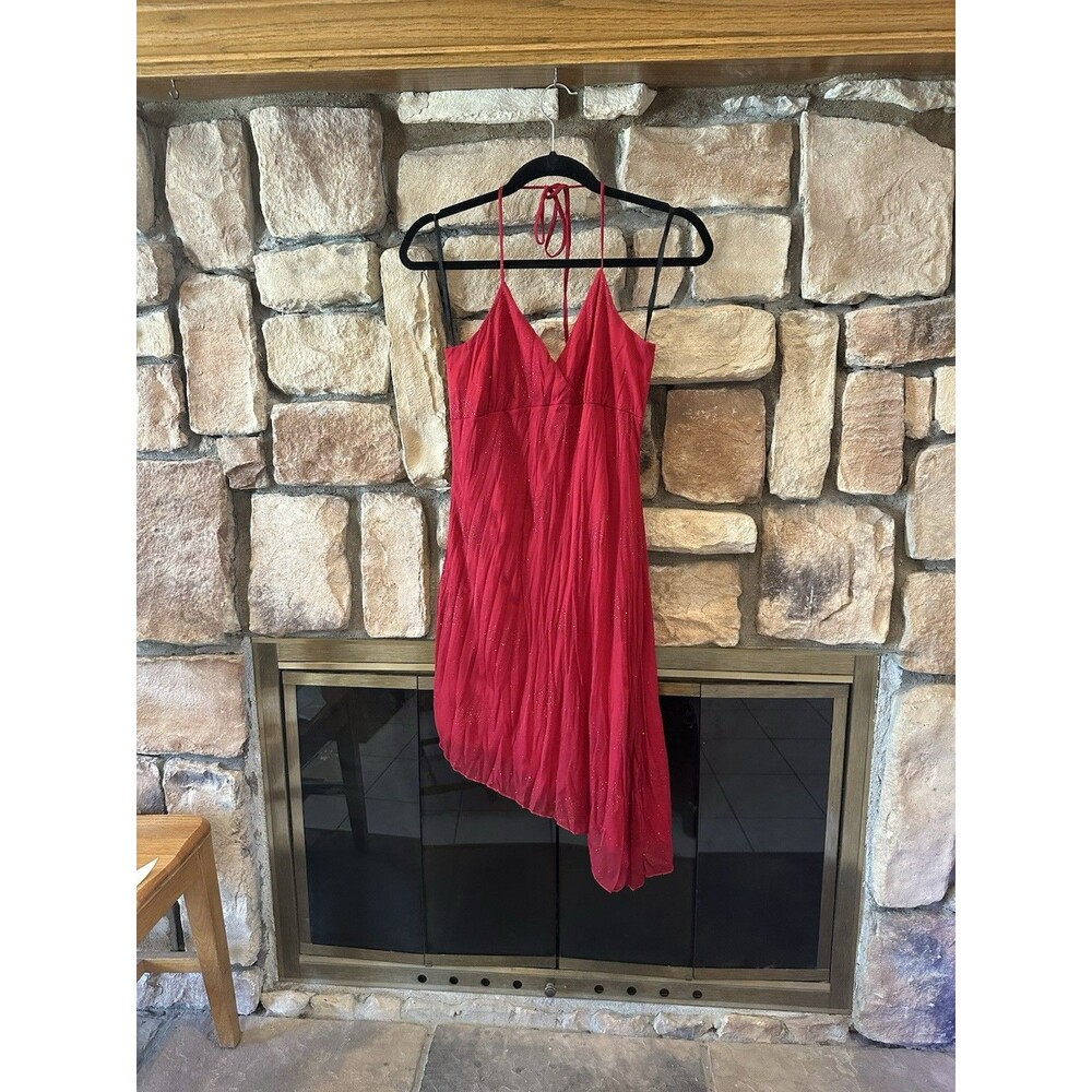 VTG 90s/Y2K Pia Red Glitter Asymmetrical Dress Midi L Women Stretch Halter USA